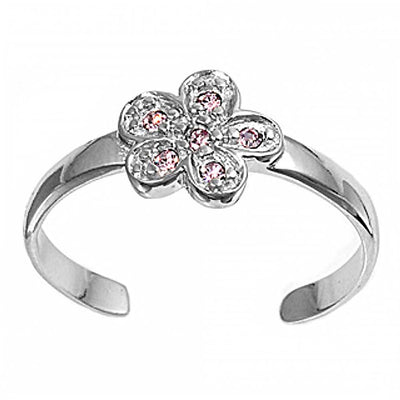 Sterling Silver Luxurious Flower with Pink Simulated Diamonds Toe RingAnd Face Height 7 MM