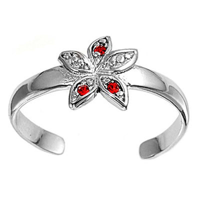 Sterling Silver Fancy Flower with Ruby Simulated Diamonds Toe RingAnd Face Height 8 MM