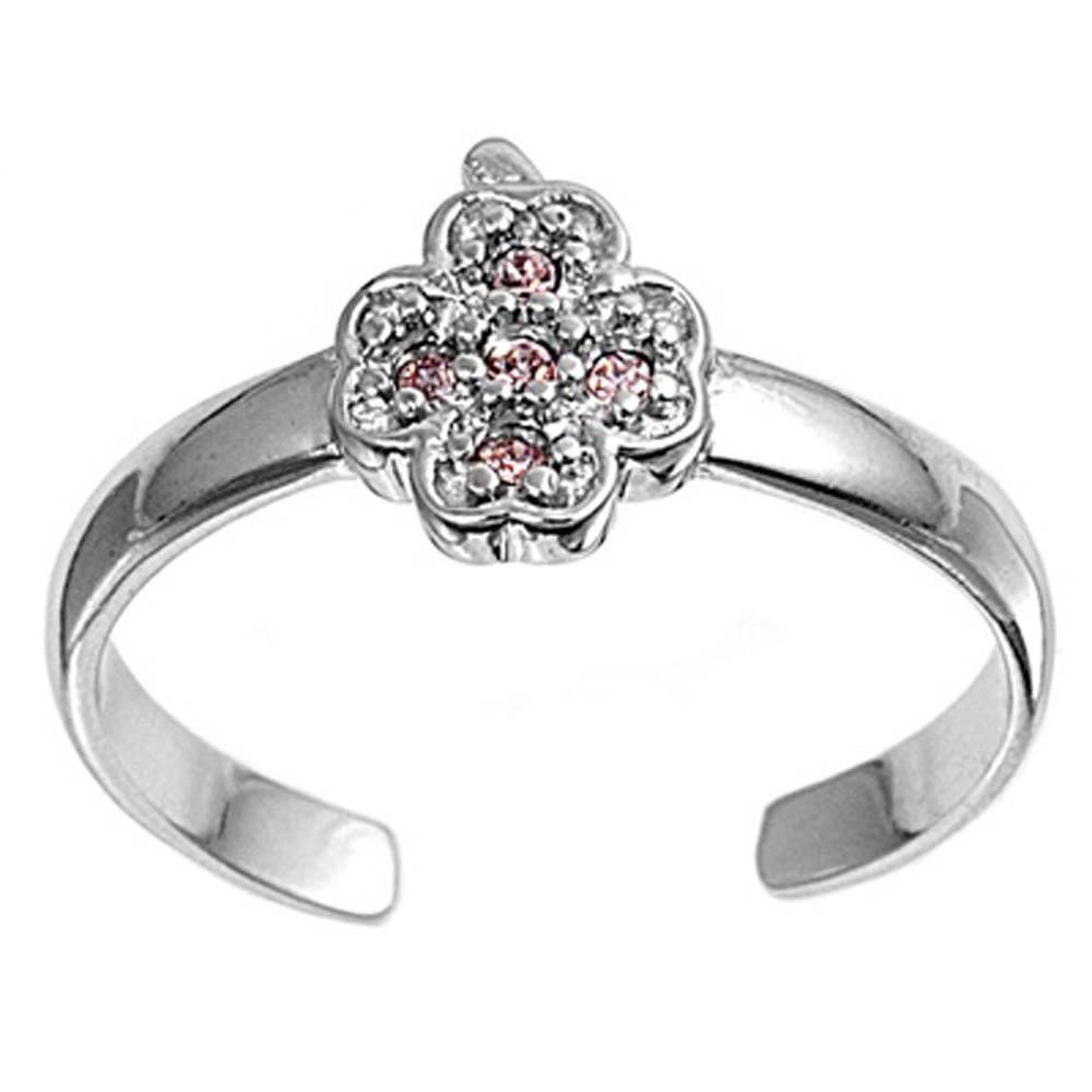 Sterling Silver Fancy Pink Lucky Clover CZ Toe RingAnd Face Height 8 MM