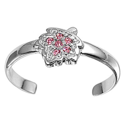 Sterling Silver Elegant Leaf With Pink  Simulated Diamonds Toe RingAnd Face Height 7 MM