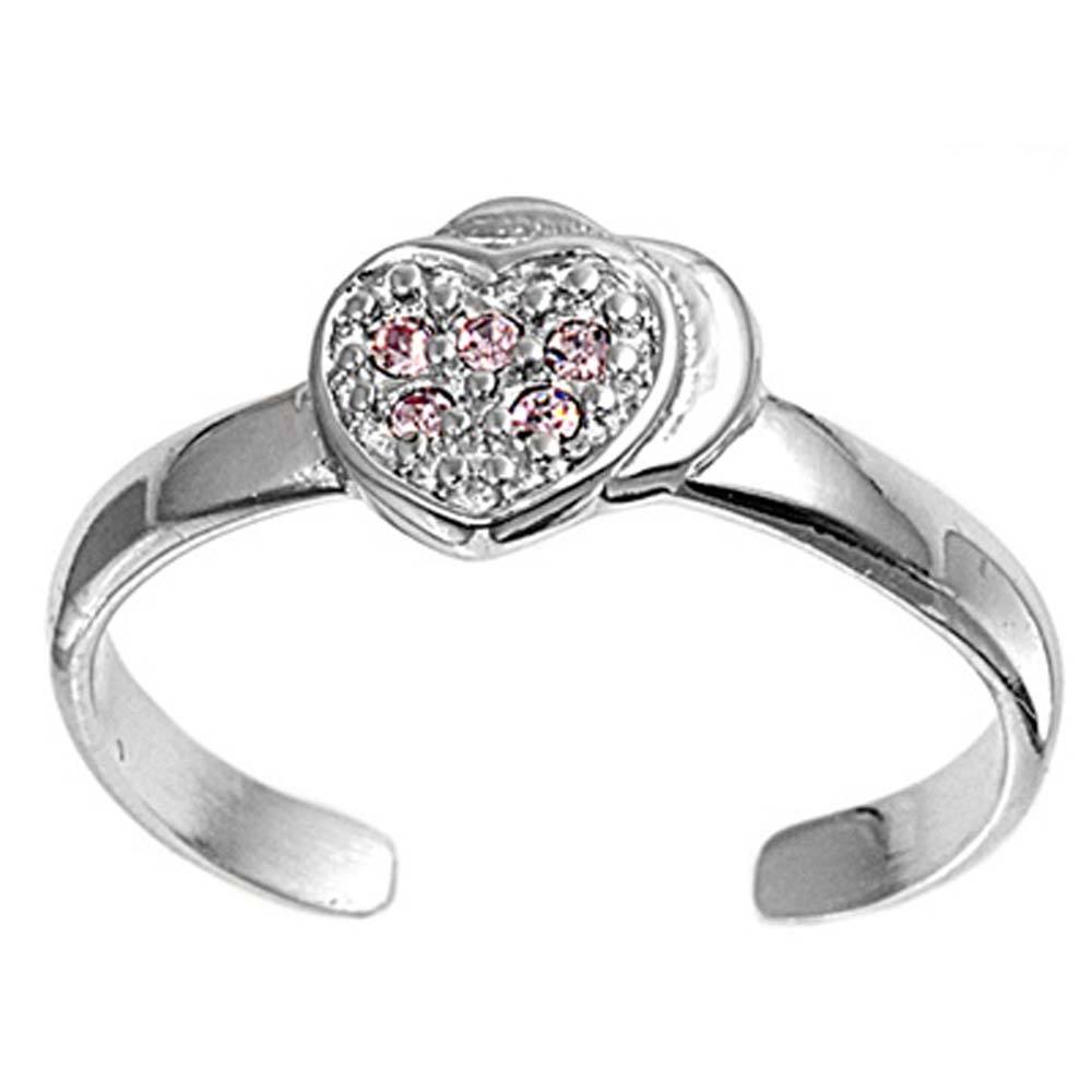 Sterling Silver Luxurious Heart with Pink Simulated Diamonds Toe RingAnd Face Height 7 MM