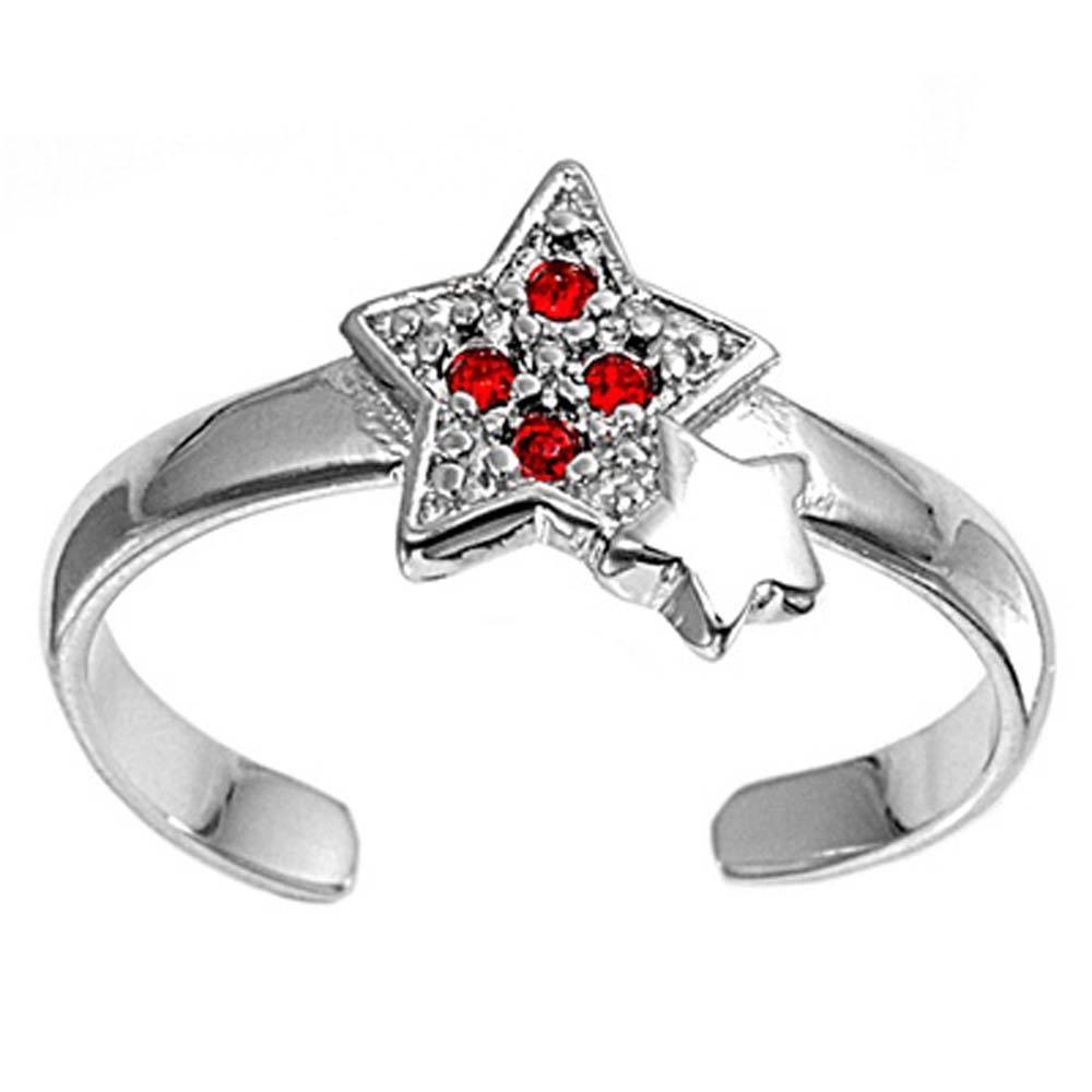 Sterling Silver Elegant Star with Ruby Simulated Diamonds Toe RingAnd Face Height 8 MM