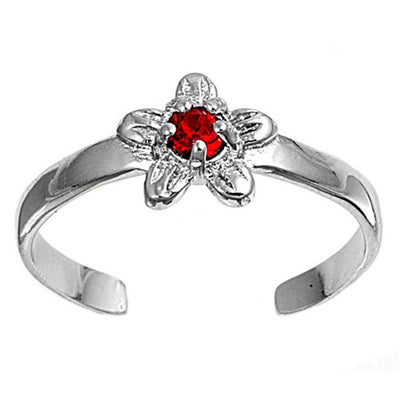 Sterling Silver Fancy Flower with Clear and Ruby Simulated Diamonds Toe RingAnd Face Height 7 MM