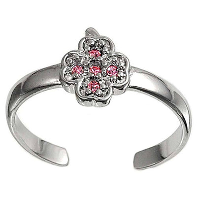 Sterling Silver Fancy Leaf with Pink Simulated Diamonds Toe RingAnd Face Height 8 MM