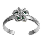 Sterling Silver Luxurious Butterfly with Emerald Simulated Diamonds Toe RingAnd Face Height 7 MM