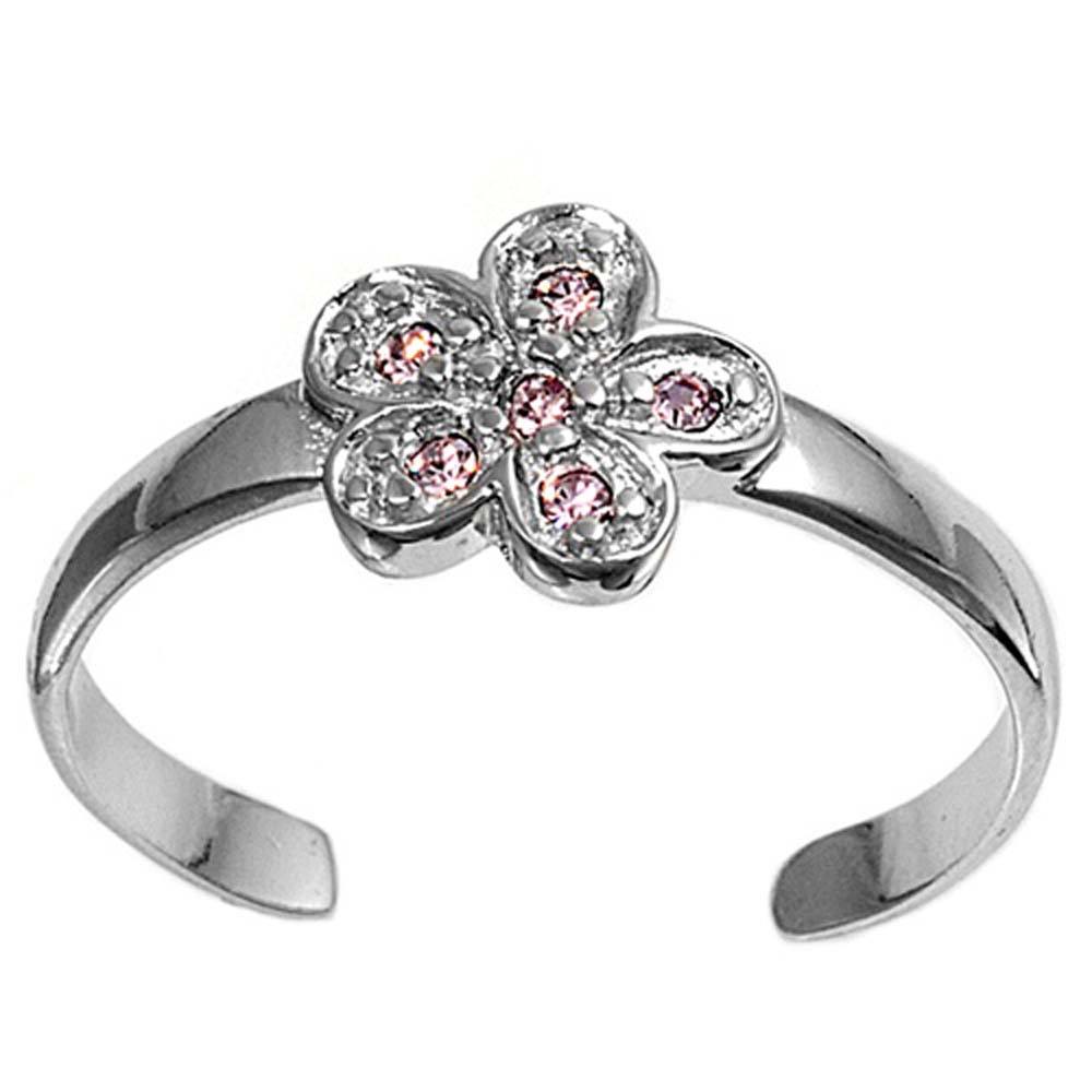 Sterling Silver Luxurious Star with Pink Simulated Diamonds Toe RingAnd Face Height 7 MM