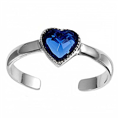 Sterling Silver Luxurious Heart with  Blue Sapphire  Diamond Toe RingAnd Face Height 6 MM