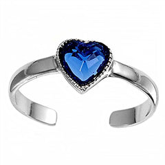 Sterling Silver Luxurious Heart with  Blue Sapphire  Diamond Toe RingAnd Face Height 6 MM
