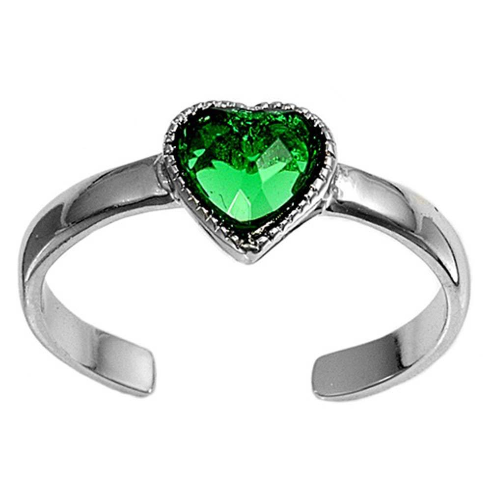 Sterling Silver Emerald Cubic Zirconia Heart shape Toe Ring AndFace Height 6mmAndBand Width 2mm