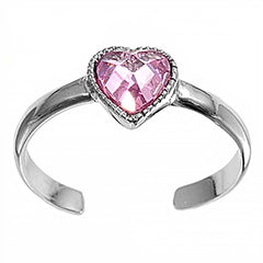 Sterling Silver Luxurious Heart with  Pink  Diamond Toe RingAnd Face Height 6 MM