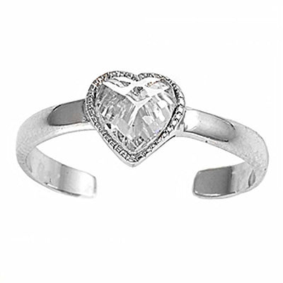 Sterling Silver Luxurious Heart with  Clear  Diamond Toe RingAnd Face Height 6 MM