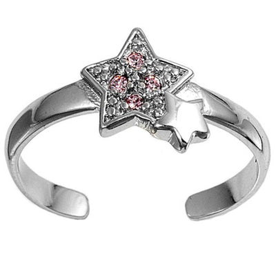 Sterling Silver Elegant Star with Pink Simulated Diamonds Toe RingAnd Face Height 9 MM