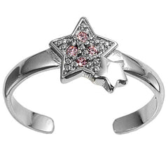 Sterling Silver Elegant Star with Pink Simulated Diamonds CZ Toe RingAnd Face Height 9 MM