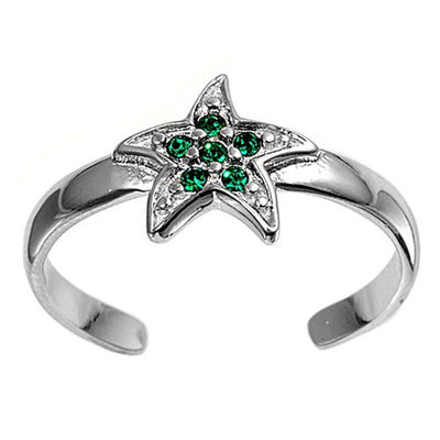 Sterling Silver Elegant Star with Emerald Simulated Diamonds Toe RingAnd Face Height 8 MM