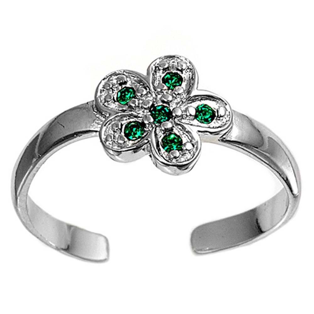 Sterling Silver Fancy Flower with Emerald Simulated Diamonds Toe RingAnd Face Height 7 MM
