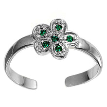 Load image into Gallery viewer, Sterling Silver Fancy Flower with Emerald Simulated Diamonds Toe RingAnd Face Height 7 MM