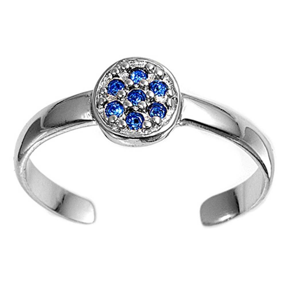 Sterling Silver Fancy Round with Blue Sapphire CZ Toe RingAnd Face Height 6 MM