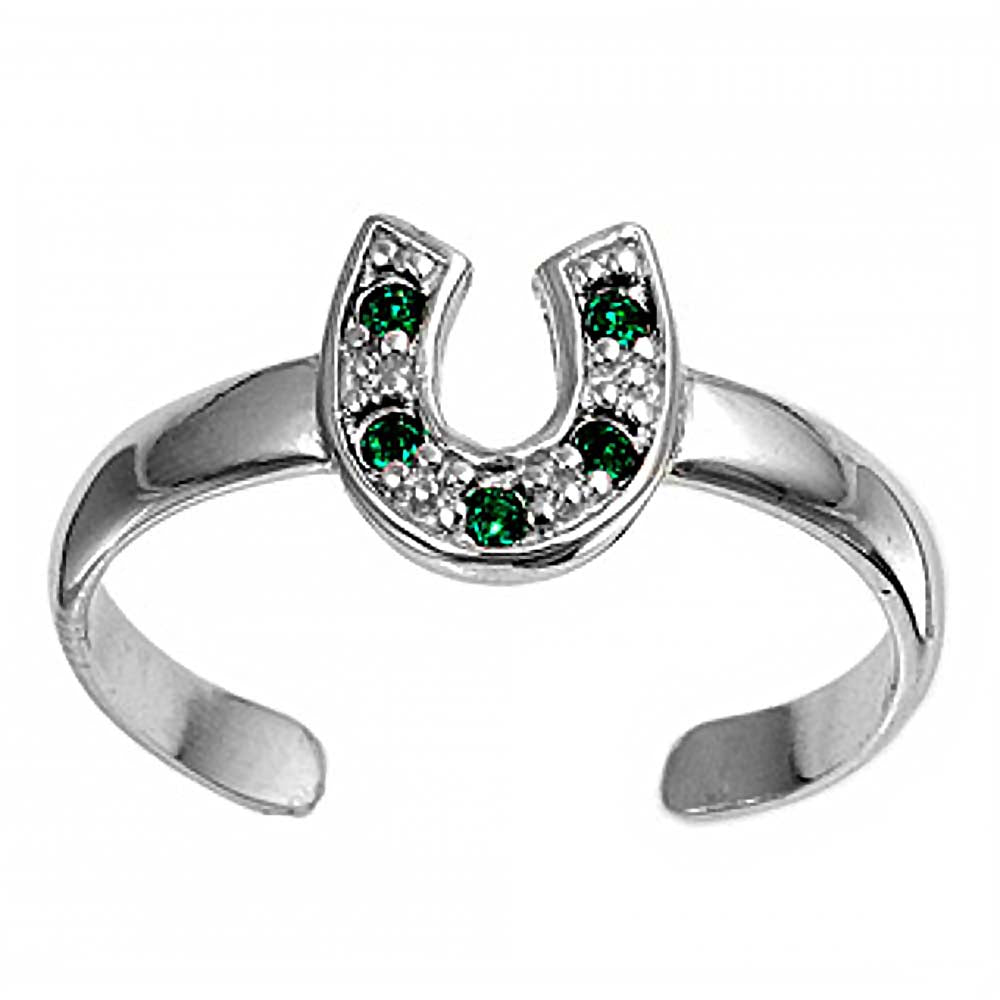 Sterling Silver Classy Horse Shoe with Emerald Simulated Diamonds Toe RingAnd Face Height 7 MM