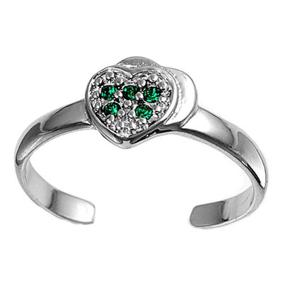 Sterling Silver Fancy Heart with Emerald Simulated Diamonds Toe RingAnd Face Height 6 MM