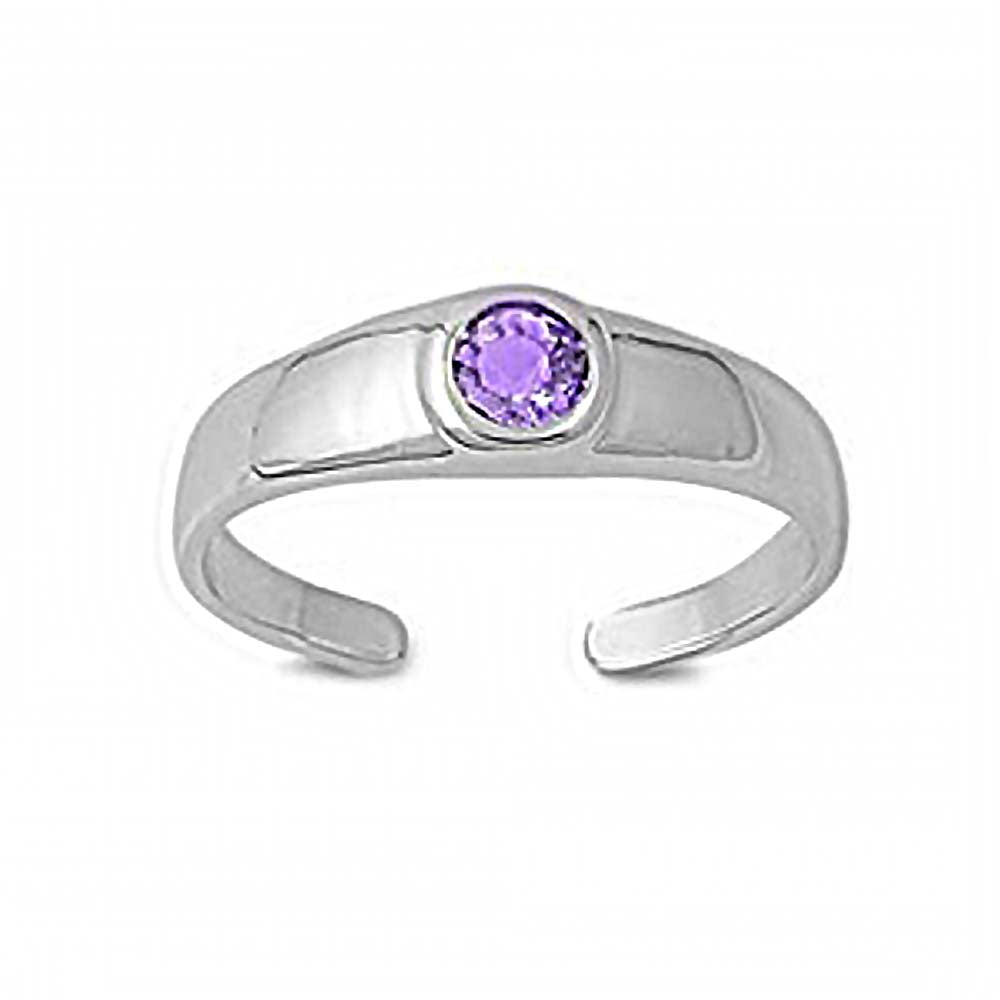 Sterling Silver Classy Toe Ring with Centered Amethyst CZ And Face Height of 5 MM