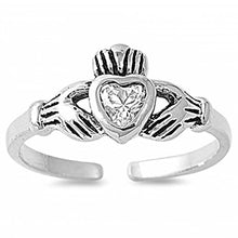 Load image into Gallery viewer, Sterling Silver Classy Claddagh Toe Ring with Clear Simulated Diamond HeartAnd Face Height 7 MM