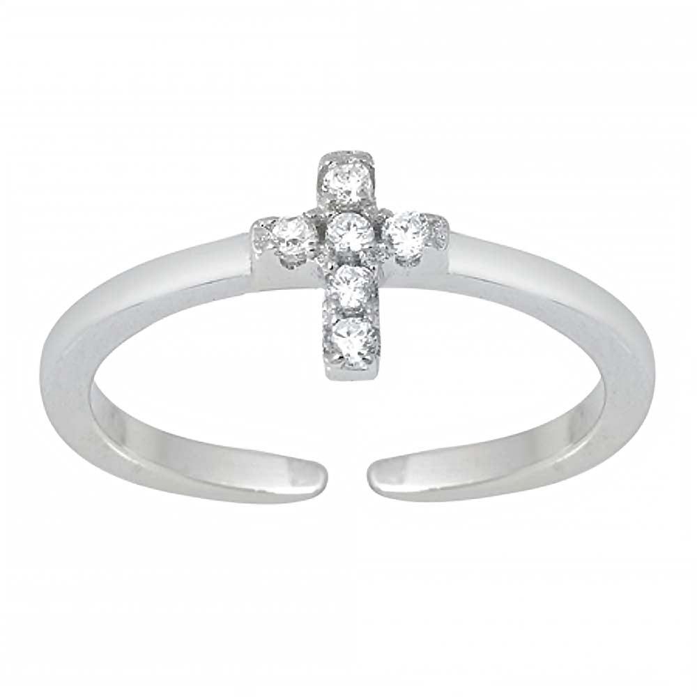 Sterling Silver Polished Finish Clear CZ Cross Toe Ring