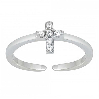 Sterling Silver Polished Finish Clear CZ Cross Toe Ring