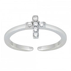 Sterling Silver Polished Finish Clear CZ Cross Toe Ring