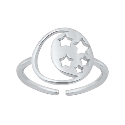 Sterling Silver Rhodium Plated Moon And Stars Toe Ring