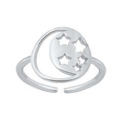 Sterling Silver Rhodium Plated Moon And Stars Toe Ring