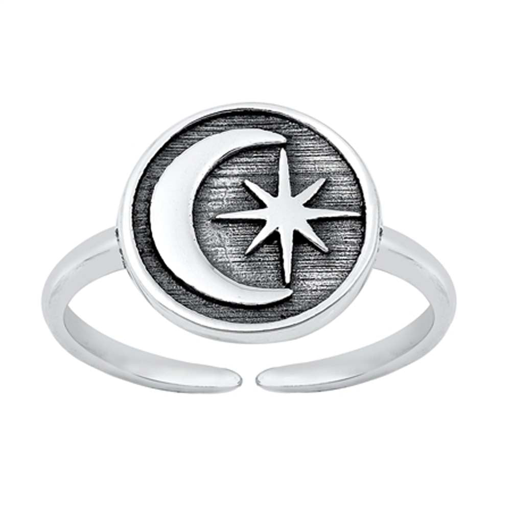 Sterling Silver Oxidized Crescent Moon And Star Toe Ring