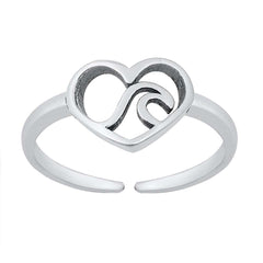 Sterling Silver Oxidized Heart And Wave Toe Ring