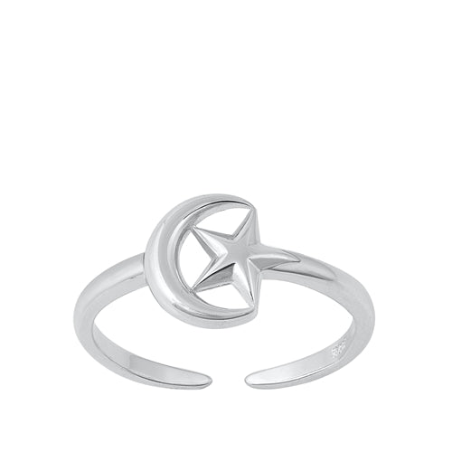 Sterling Silver Rhodium Plated Moon And Star Toe Ring