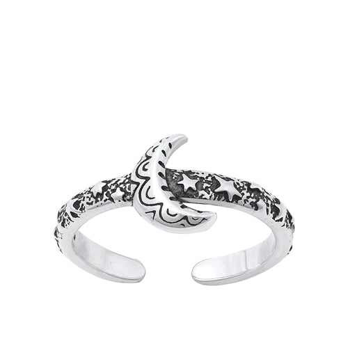 Sterling Silver Oxidized Moon And Stars Toe Ring