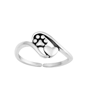 Sterling Silver Oxidized Paw Print & Heart Toe Ring