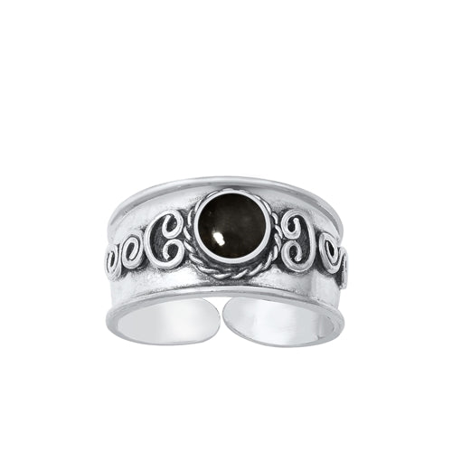 Sterling Silver Oxidized Round Black Agate Bali Toe Ring Face Height-8.2mm