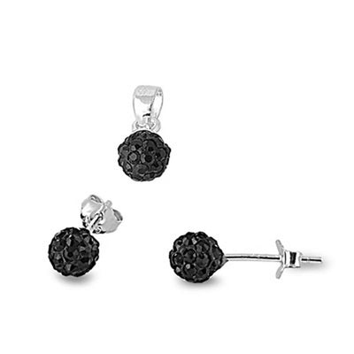 Sterling Silver Luxurious Ferido Ball with Black Crystal Pendant and Earrings Set