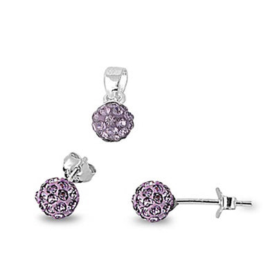 Sterling Silver Luxurious Ferido Ball with Amethyst Crystal Pendant and Earrings Set