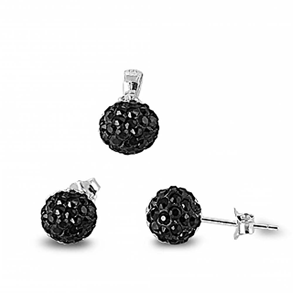 Sterling Silver Luxurious Ferido Ball with Black Crystal Earrings and Pendant Set