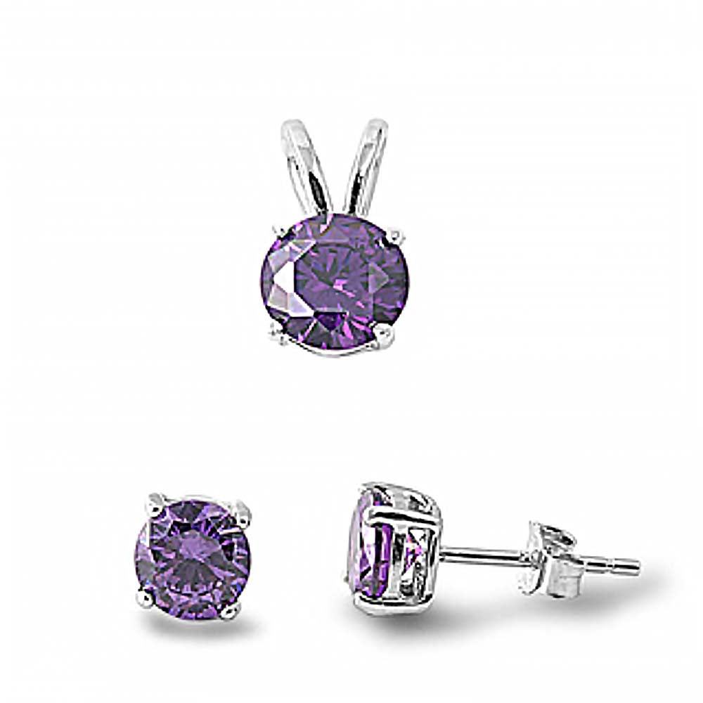 Sterling Silver Round Amethyst CZ Stud Earrings and Pendant Set