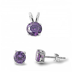 Sterling Silver Fancy Round  Amethyst  Simulated Diamonds Stud Earrings and Pendant Set