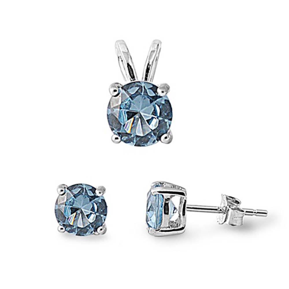 Sterling Silver Round Aquamarine  CZ Stud Earrings and Pendant Set