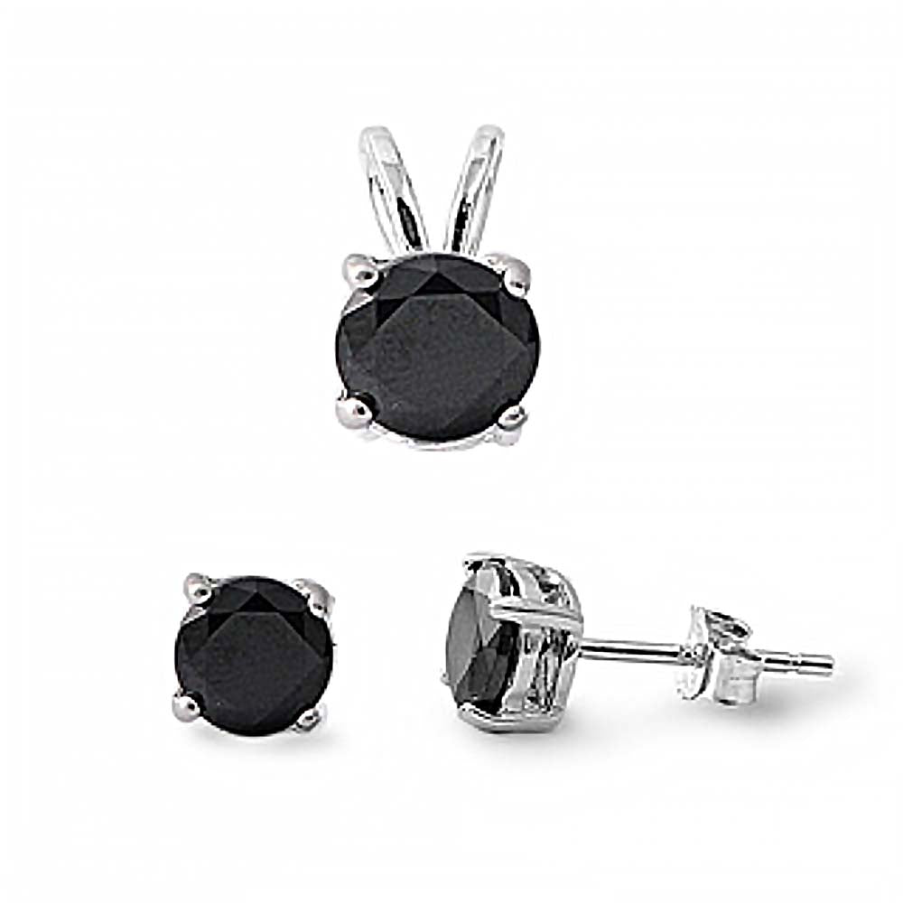 Sterling Silver Round Black CZ Stud Earrings and Pendant Set