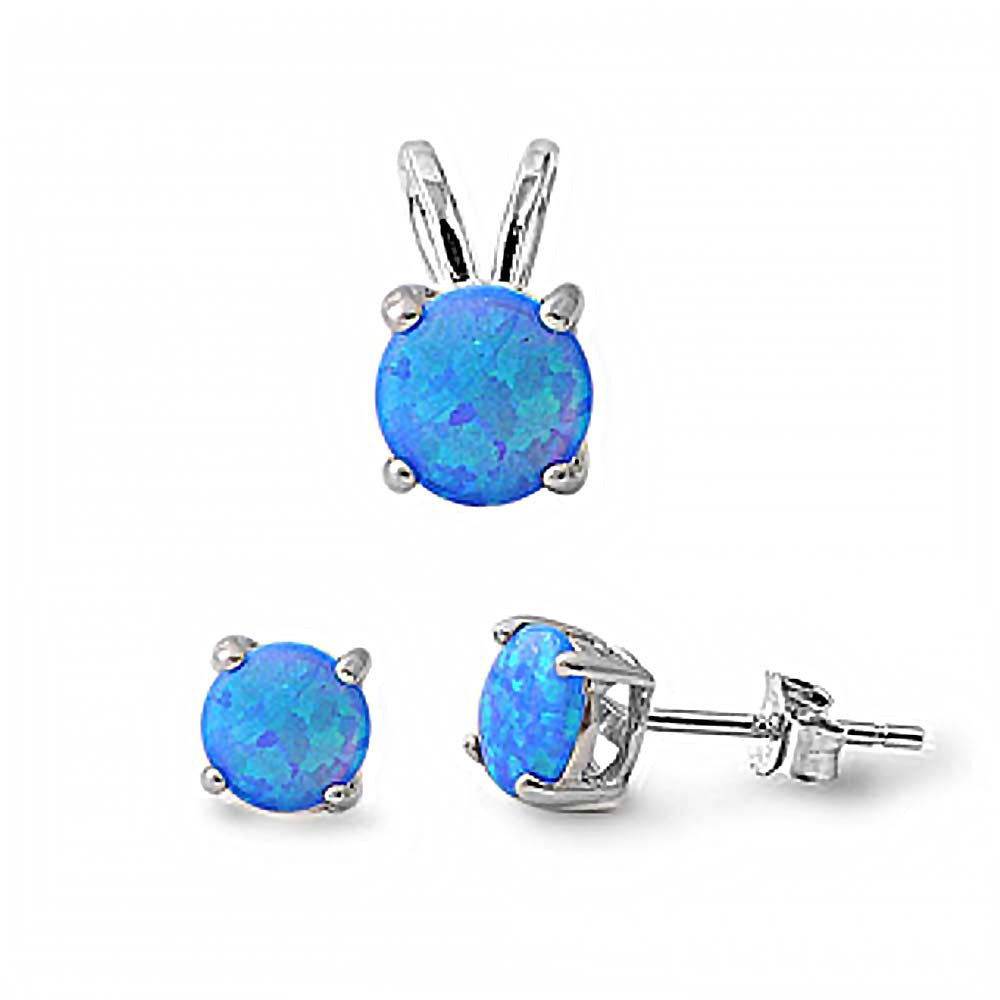 Sterling Silver Fancy Round Blue Lab Opal Simulated Diamonds Stud Earrings and Pendant Set