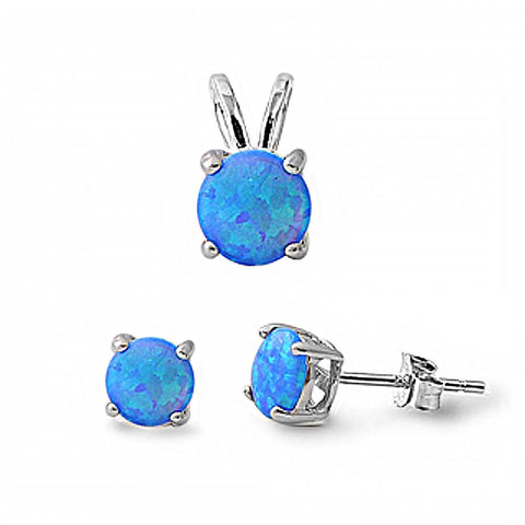 Sterling Silver Round Blue Lab Opal Simulated Diamonds Stud Earrings and Pendant Set