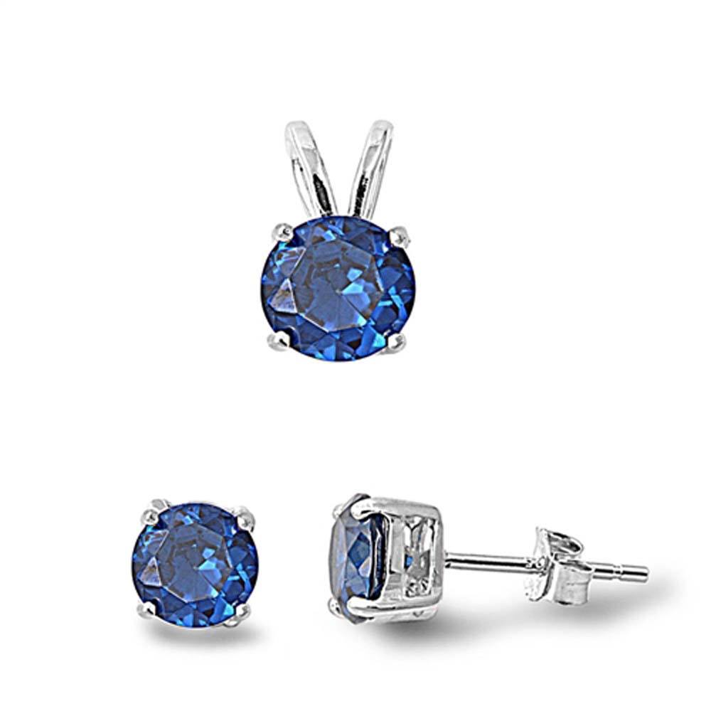 Sterling Silver Round Blue Sapphire CZ Stud Earrings and Pendant Set