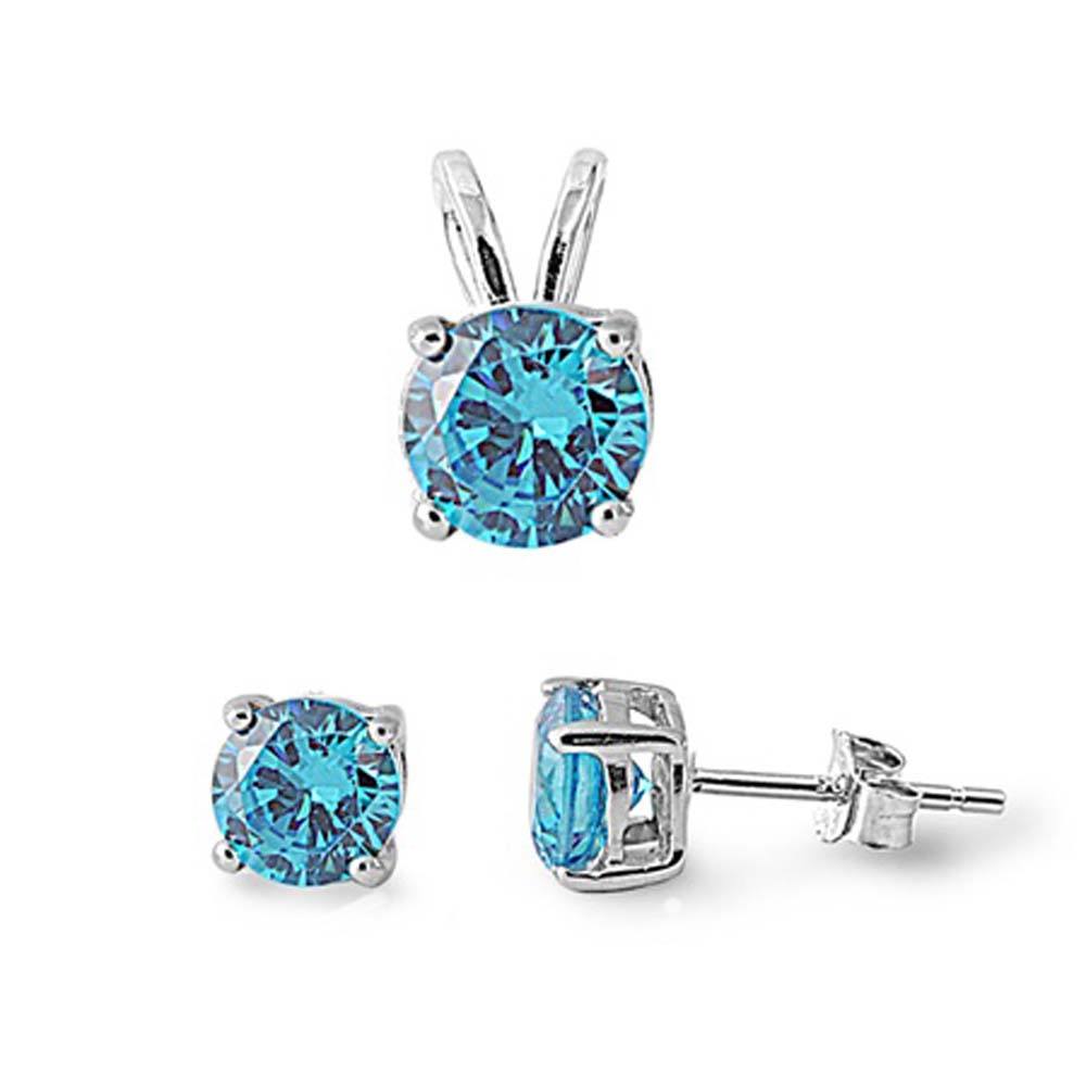 Sterling Silver Round Blue Topaz  CZ Stud Earrings and Pendant Set