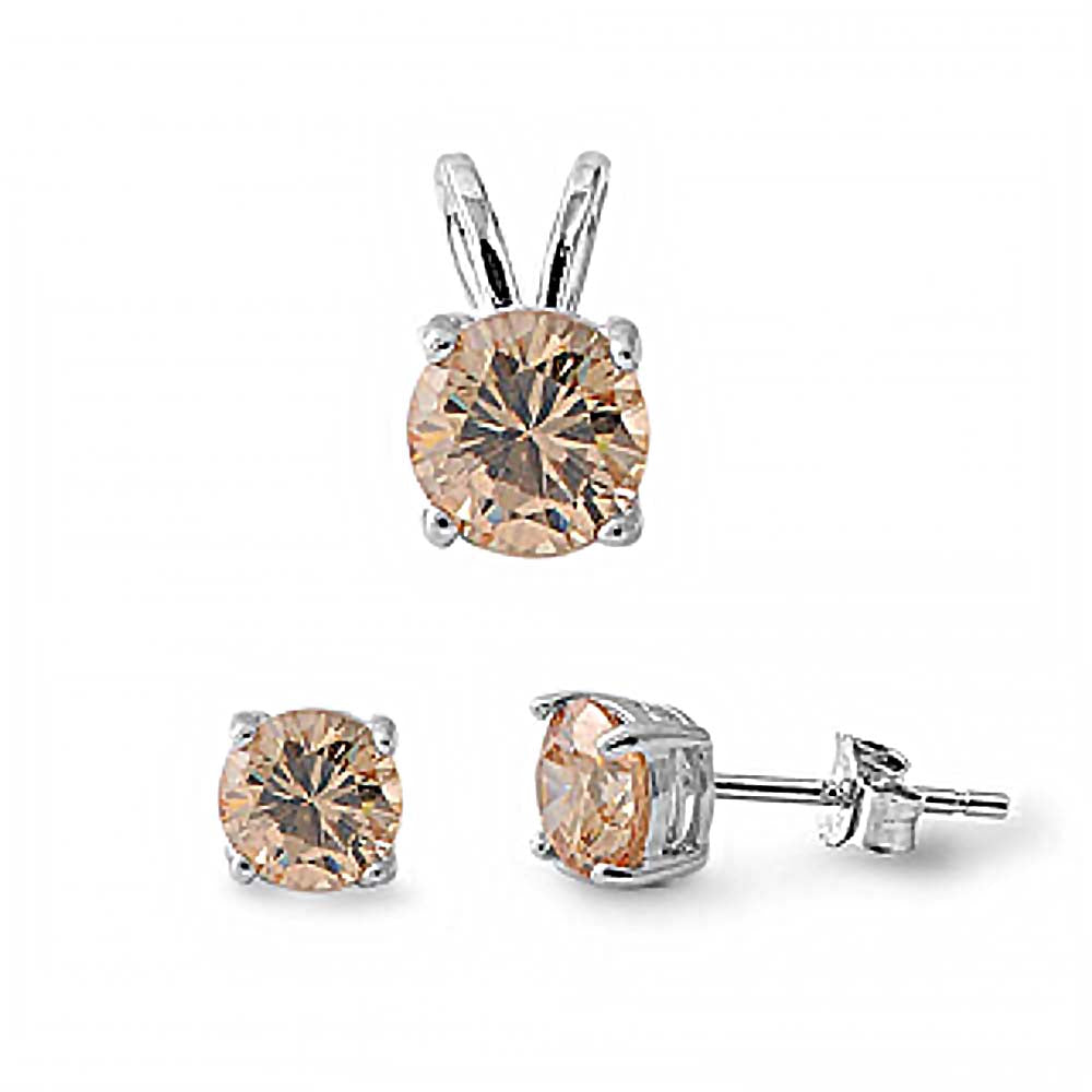 Sterling Silver Round Champagne CZ Stud Earrings and Pendant Set