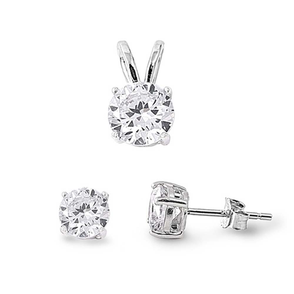 Sterling Silver Round Clear CZ Stud Earrings and Pendant Set