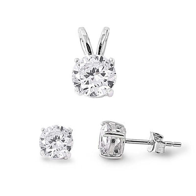Sterling Silver Round Clear Simulated Diamonds Stud Earrings and Pendant Set